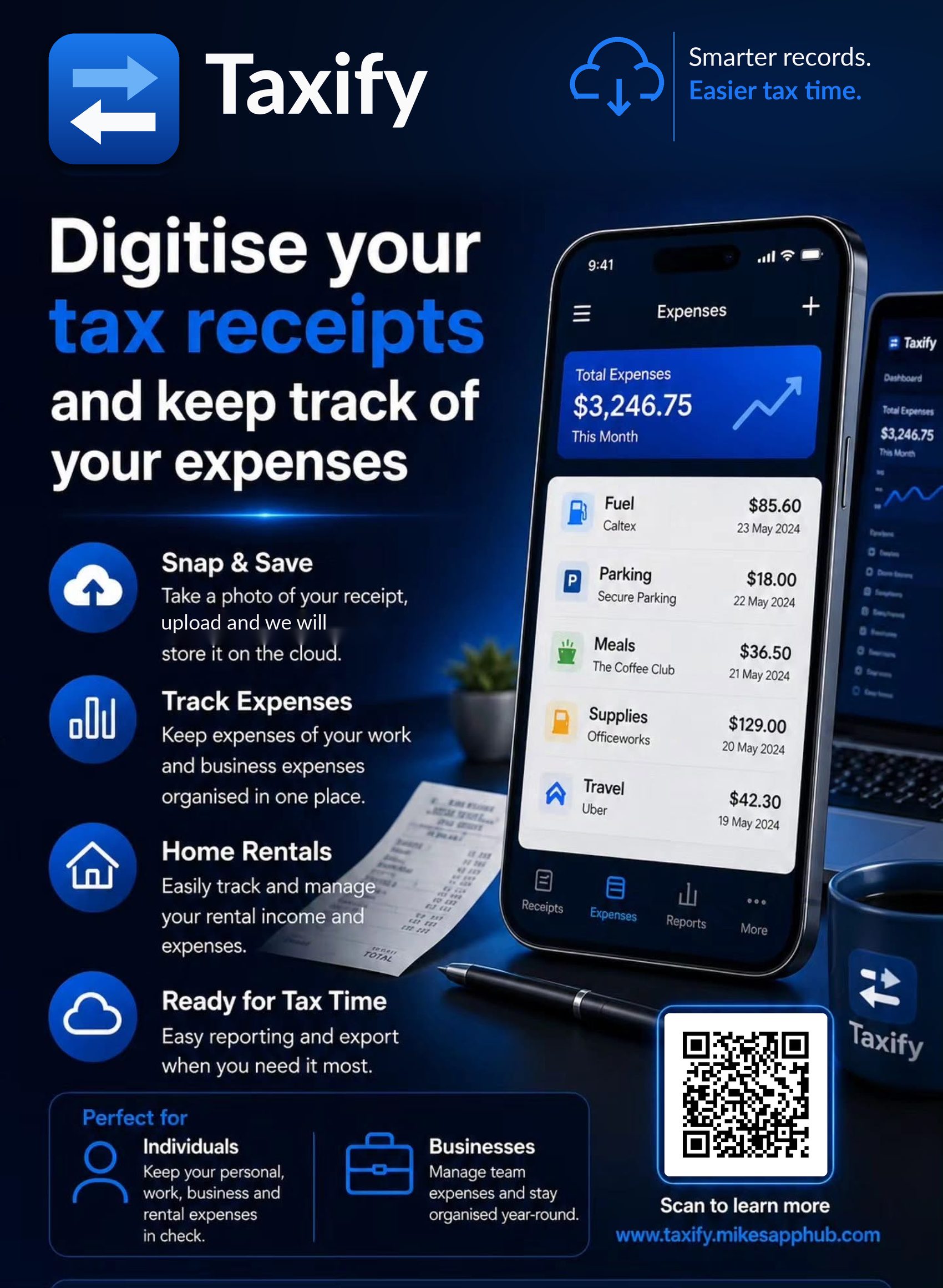 Taxify: digitise your tax receipts and keep track of your expenses. Snap and save, track expenses, home rentals, and ready for tax time.