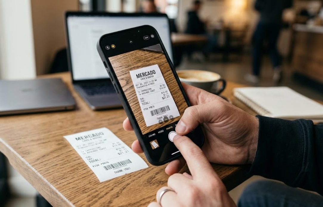 A café receipt on a wooden table being photographed with a phone, the shot already framed on screen